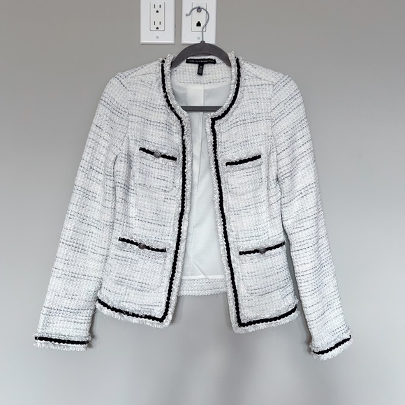 WHBM White Grey Tweed Metallic Dressy Blazer Jacket Black Piping XS - Picture 7 of 16